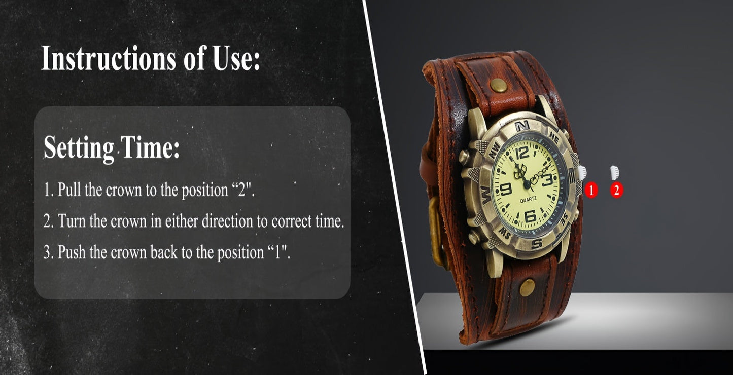 Vintage Steampunk Wide Leather Strap Analog Quartz Watch for Men Women – Unisex Biker Style Round Case, Dark Brown Black Brown, Halloween Christmas Father's Day Gift