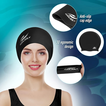 Silicone Swimming Cap 2 Pack with Ear Protection for Long Hair – Includes Earplugs & Nose Clip, Waterproof Swim Cap Set, 11 Color Options for Women Men Adults