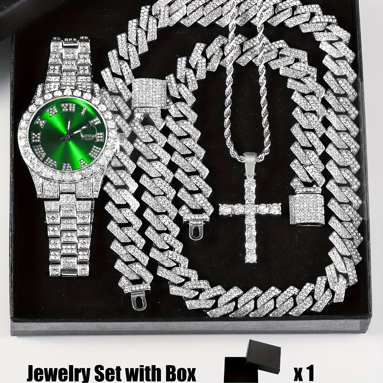 4pcs Rhinestone Watch & Cross Pendant Jewelry Set Quartz Analog Wrist Watch Necklace Bracelet Earrings Unisex Gift for Him Her Wedding