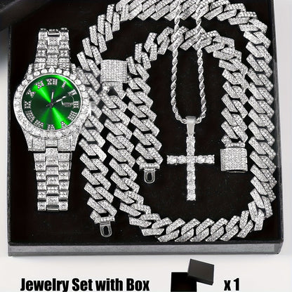 4pcs Rhinestone Watch & Cross Pendant Jewelry Set Quartz Analog Wrist Watch Necklace Bracelet Earrings Unisex Gift for Him Her Wedding