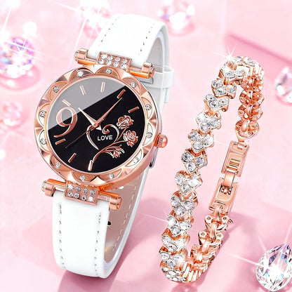 Rhinestone Heart Watch Set for Women – 2 Quartz Watches with Faux Leather Strap, Rose Gold & Pink Bracelet Wristwatch Gift Set for Valentine's Day, Birthdays & Parties