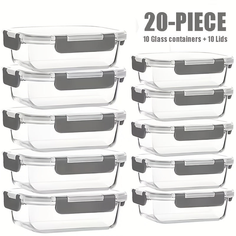 Glass Food Storage Containers with Lids 20-Piece Set, Stackable Airtight Meal Prep Containers, Oven Microwave Refrigerator & Dishwasher Safe, Space-Saving Kitchen Organization – 10 Containers + 10 Lids