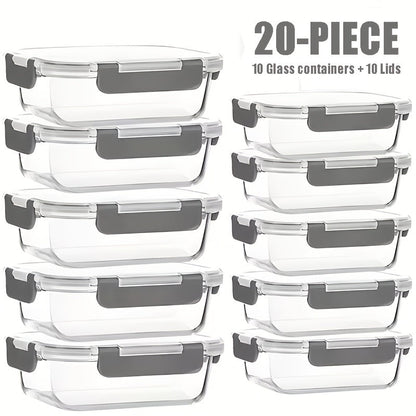 Glass Food Storage Containers with Lids 20-Piece Set, Stackable Airtight Meal Prep Containers, Oven Microwave Refrigerator & Dishwasher Safe, Space-Saving Kitchen Organization – 10 Containers + 10 Lids