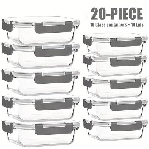 Glass Food Storage Containers with Lids 20-Piece Set, Stackable Airtight Meal Prep Containers, Oven Microwave Refrigerator & Dishwasher Safe, Space-Saving Kitchen Organization – 10 Containers + 10 Lids