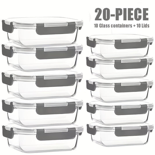 Glass Food Storage Containers with Lids 20-Piece Set, Stackable Airtight Meal Prep Containers, Oven Microwave Refrigerator & Dishwasher Safe, Space-Saving Kitchen Organization – 10 Containers + 10 Lids