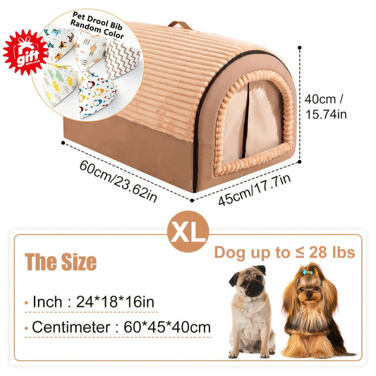 Foldable Dog Bed Cave 2-in-1 All Season – Fully Enclosed Covered Pet House with Handle, Soft Fluffy Non-Slip Washable Nest for Large, Medium & Small Dogs and Cats – Free Drool Bib – Velora