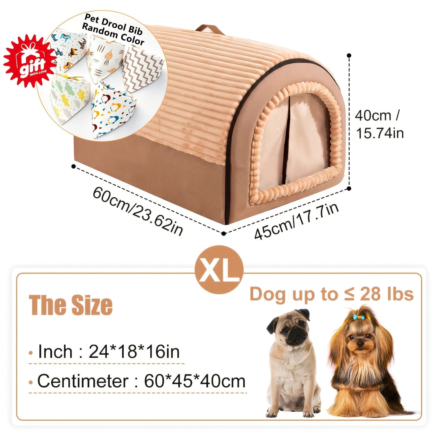 Foldable Dog Bed Cave 2-in-1 All Season – Fully Enclosed Covered Pet House with Handle, Soft Fluffy Non-Slip Washable Nest for Large, Medium & Small Dogs and Cats – Free Drool Bib – Velora