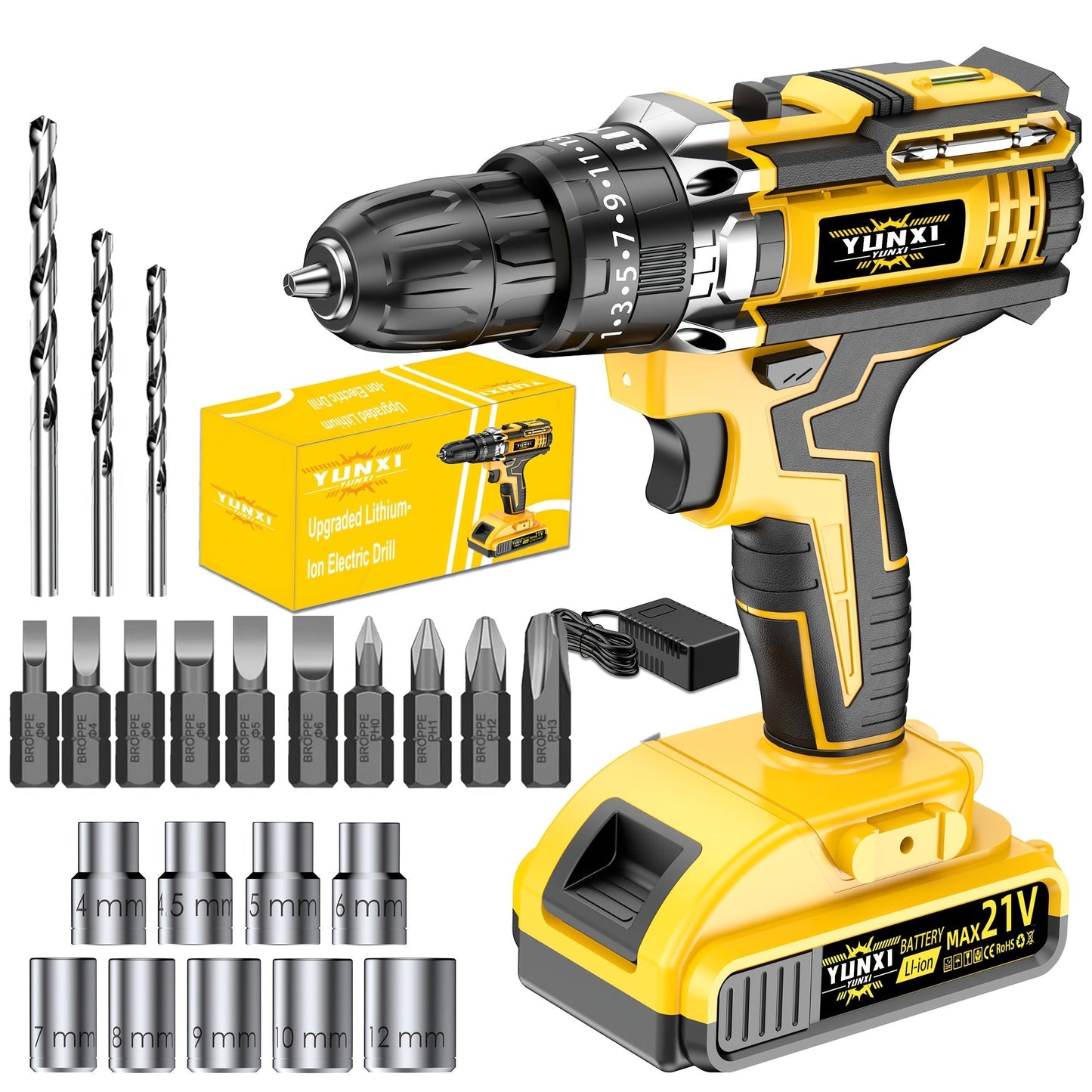 21V Cordless Impact Drill Set 2.0Ah Battery & Fast Charger with Work Light Speed & Torque Adjustment Electric Screwdriver Combo – Optional Storage Box for Car & Home Repair DIY Men's Gift