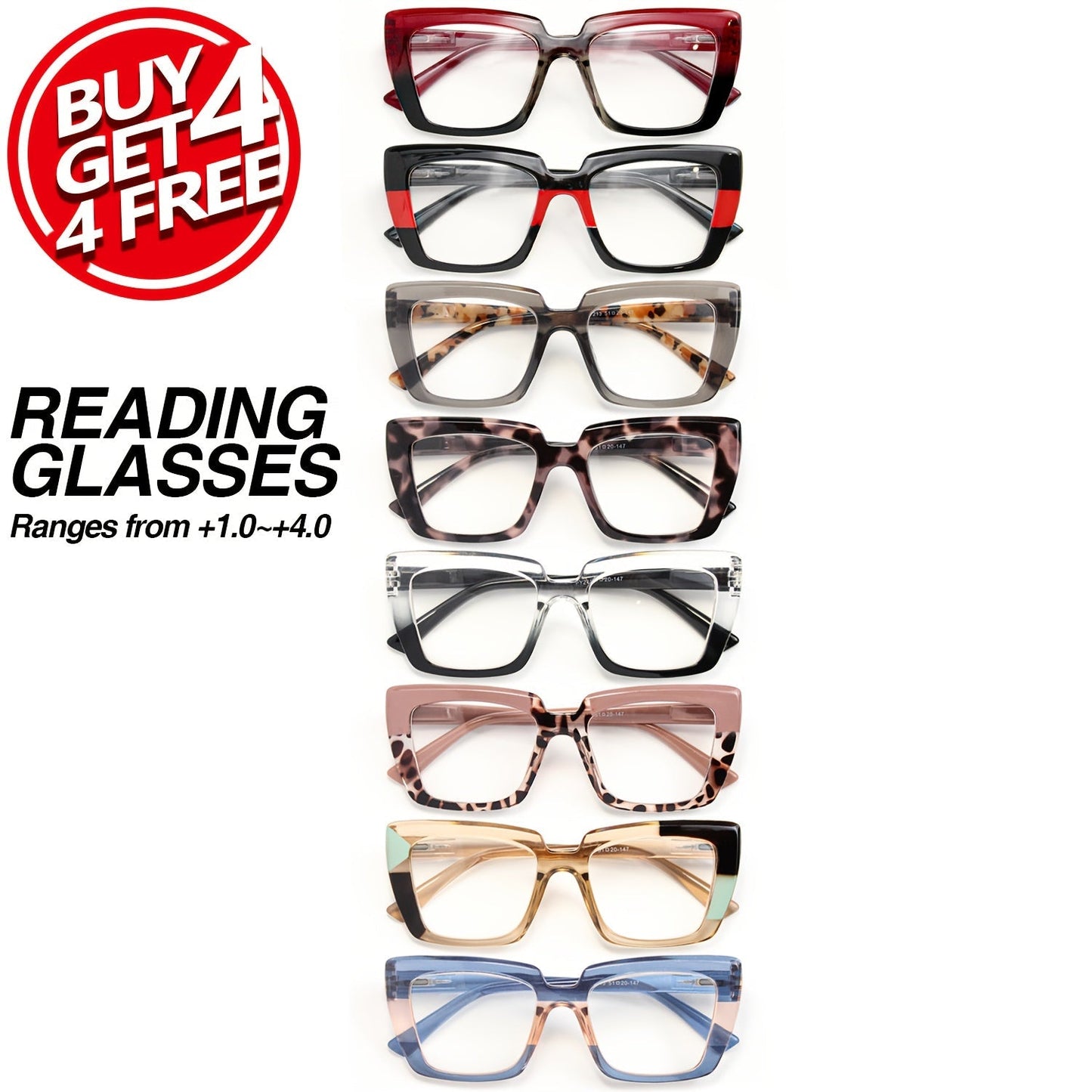 8-Pack Retro Rectangular Reading Glasses for Women Color Clash Design Spring Hinges Comfortable Fit Party Holiday Halloween Christmas Gift +100 to +400