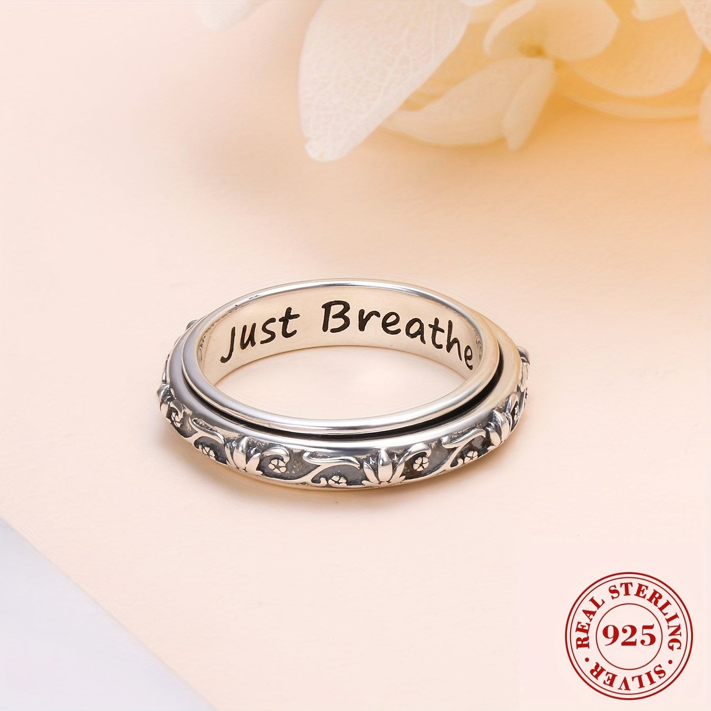 S925 Sterling Silver Lotus Flower Spinner Anxiety Ring – Just Breathe Oxidized Fidget Band for Stress Relief ADHD Autism Yoga, Unisex Worry Ring Sizes 8-12 Gift for Women Men