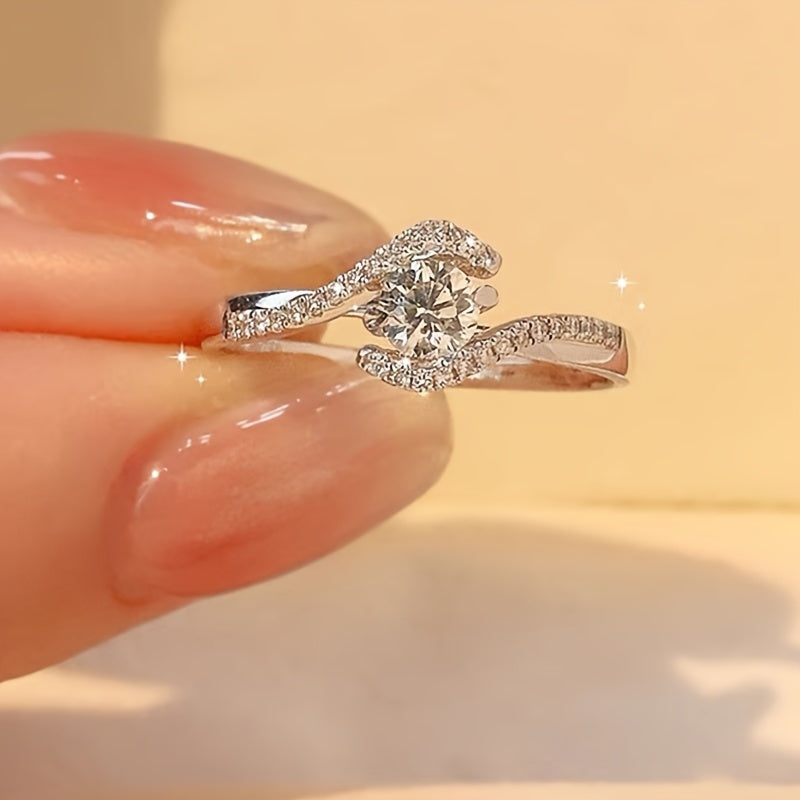 925 Sterling Silver Four Claw Twisted Zirconia Engagement Ring – Hollowed Out Spiral Band with CZ Inlay, Sizes 6-10, Valentine's Day Promise Ring Gift for Women