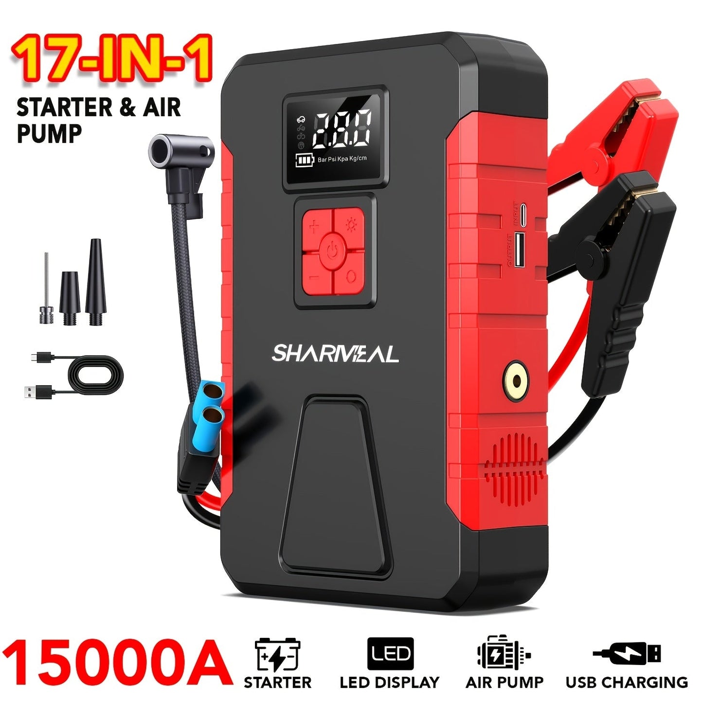 Portable Jump Starter 15000A-19000A Peak | 17-in-1 with 350PSI Air Compressor, 12V Car Battery Charger, LED Light, Digital Display – Emergency Kit for Cars, Trucks & SUVs