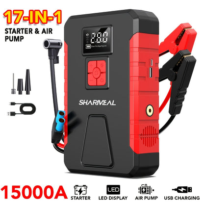 Portable Jump Starter 15000A-19000A Peak | 17-in-1 with 350PSI Air Compressor, 12V Car Battery Charger, LED Light, Digital Display – Emergency Kit for Cars, Trucks & SUVs