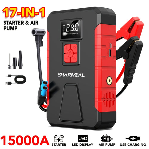 Portable Jump Starter 15000A-19000A Peak | 17-in-1 with 350PSI Air Compressor, 12V Car Battery Charger, LED Light, Digital Display – Emergency Kit for Cars, Trucks & SUVs