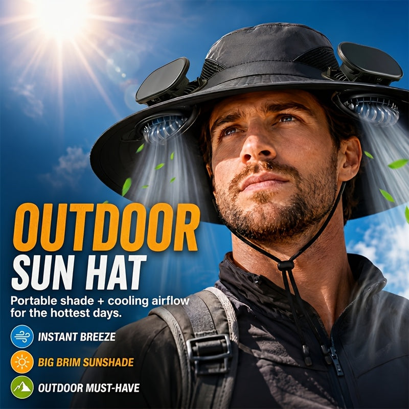 Solar Powered Fan Hat with USB Charging – Wide Brim Sun Protection Hat with Built-In Cooling Fan for Men, Lightweight Long Battery Life Outdoor Hat for Fishing, Hiking, Mountain Climbing & Daily Wear