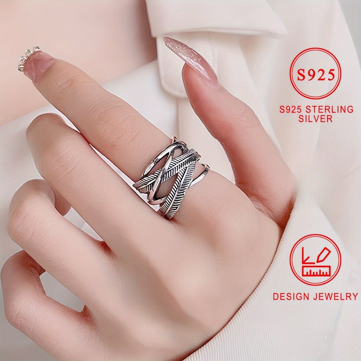 925 Sterling Silver Feather Ring Vintage Hip Hop Infinity Cross Band Fashion Jewelry for Women and Men Sizes 6 7 8 9 10 Daily Wear Gift