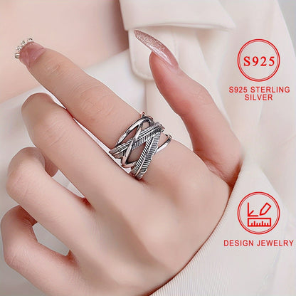 925 Sterling Silver Feather Ring Vintage Hip Hop Infinity Cross Band Fashion Jewelry for Women and Men Sizes 6 7 8 9 10 Daily Wear Gift