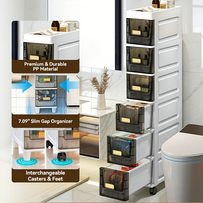 Slim Rolling Storage Cabinet with Drawers and Wheels Waterproof PP Organizer 3 4 5 6 Tier for Bathroom Kitchen Bedroom Small Spaces – Narrow Drawer Unit