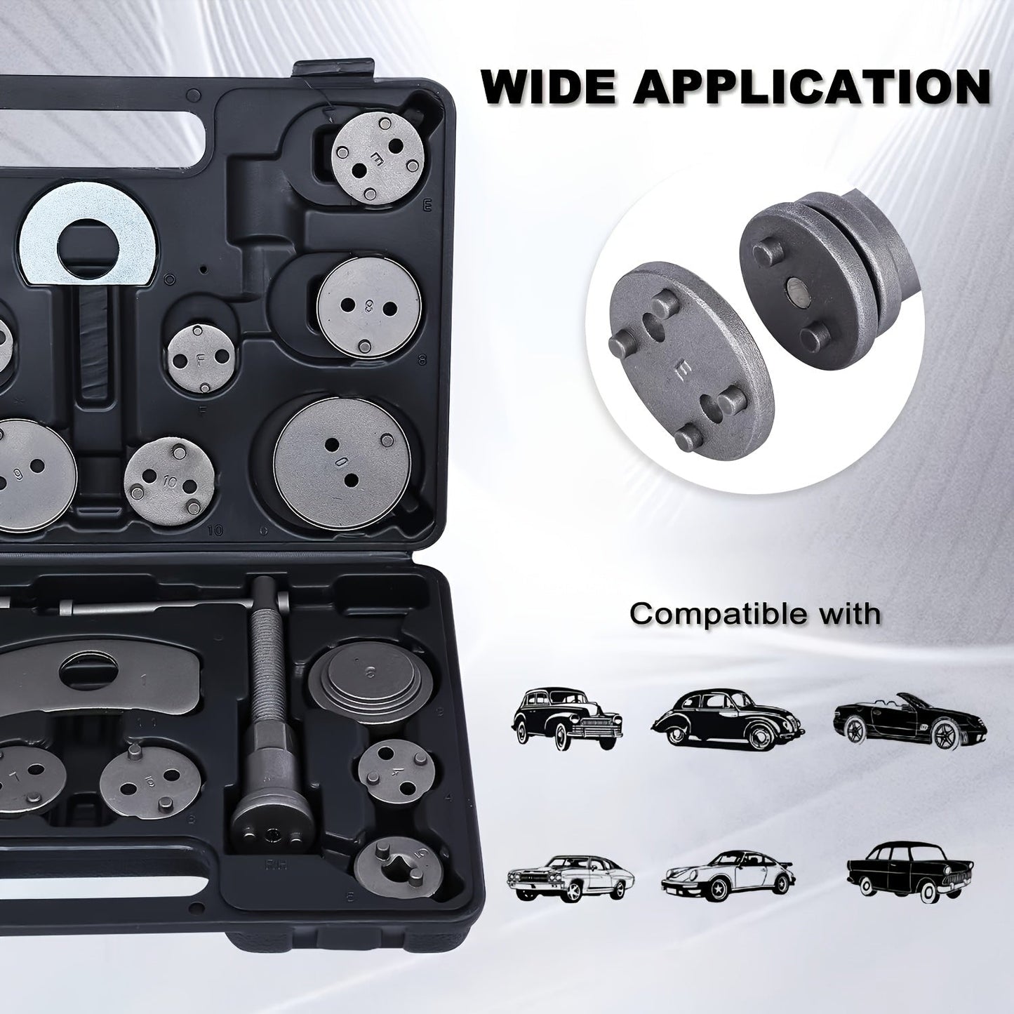 26-Piece Brake Caliper Wind Back Tool Kit with 18 Disc Adapters Thrust Bolt Assemblies Retaining Plates & Caliper Hangers – Universal Brake Caliper Compression Tool Set for Cars Trucks SUVs