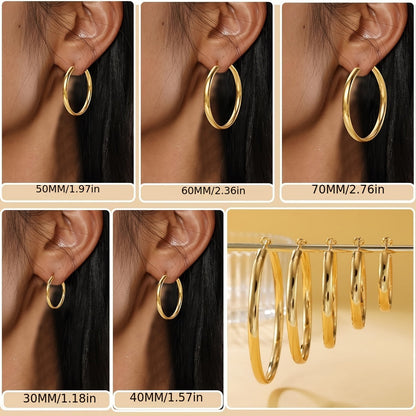 Women's 925 Sterling Silver Hoop Earrings – Hypoallergenic Round Thick Hoop, Gold & Silver, 5 Sizes 40mm–70mm, French Style Daily & Party Jewelry