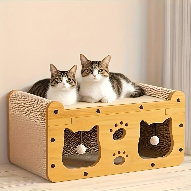 Cardboard Cat Scratching House – Durable Hideout & Bed with Feather Wand Toy, Ventilated Indoor Cat Scratcher, Available in 17.7" & 22" Sizes