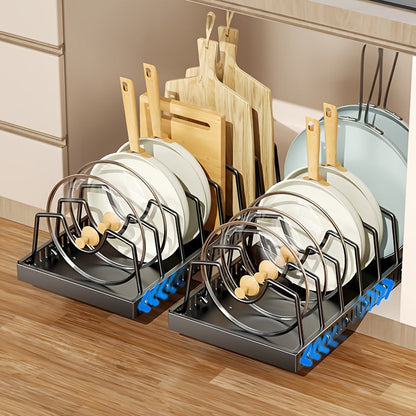 Pull-Out Pot & Pan Cabinet Organizer with Sliding Lid Rack – 8/16 Adjustable Dividers, Drill-Free Install, Kitchen Sliding Storage Box for Lids, Baking Tools & Plates – 1pc or 2pcs, Black & White