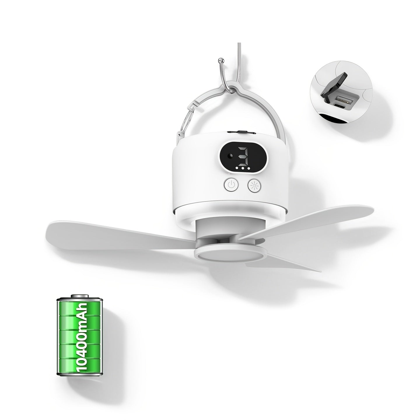 Portable Camping Ceiling Fan 10400mAh USB Rechargeable – Tent Fan with Remote Control, LED Light, Detachable Blades & 4-Speed Settings for Camping, Outdoor, RV, Bedroom & Home Use
