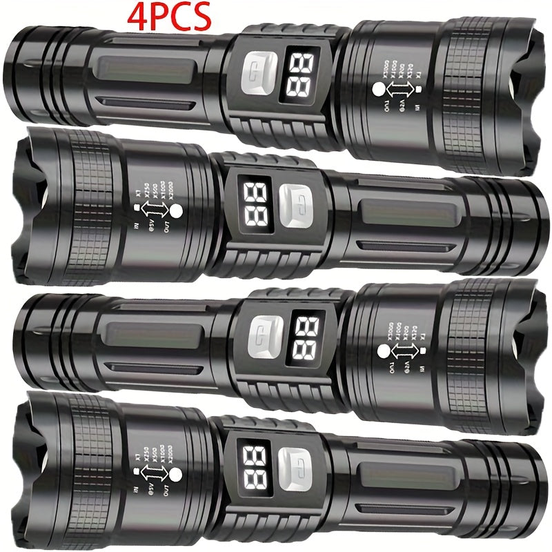 Rechargeable LED Flashlight 4-Pack - Super Bright Zoomable Spotlight, USB Charging, Long Range Tactical Work Light for Camping, Hiking, Emergency & Outdoor Survival, High-Power LED Torch Set