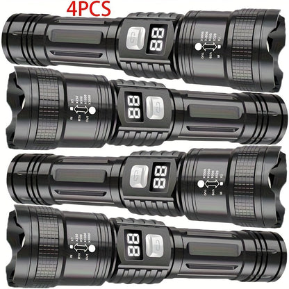 Rechargeable LED Flashlight 4-Pack - Super Bright Zoomable Spotlight, USB Charging, Long Range Tactical Work Light for Camping, Hiking, Emergency & Outdoor Survival, High-Power LED Torch Set