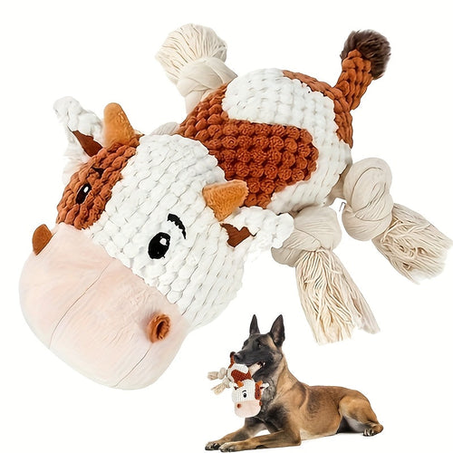 Squeaky Cow Dog Toy Plush Interactive Tug-of-War with Crinkle Paper, IQ Training Chew Toy for Small Medium Large Dogs, No Battery Needed, Anxiety Relief Pet Toy