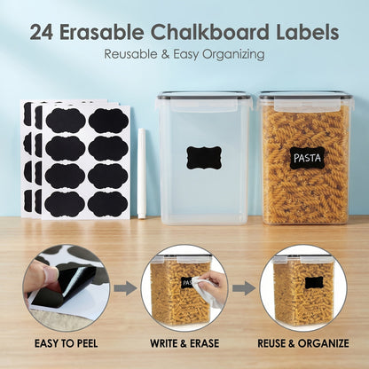 4 Pack Large Airtight Food Storage Containers BPA-Free Plastic Canisters for Flour Sugar Rice Pasta Baking Supplies with Lids 4 Measuring Cups 24 Labels Black Kitchen Pantry Organizer Set