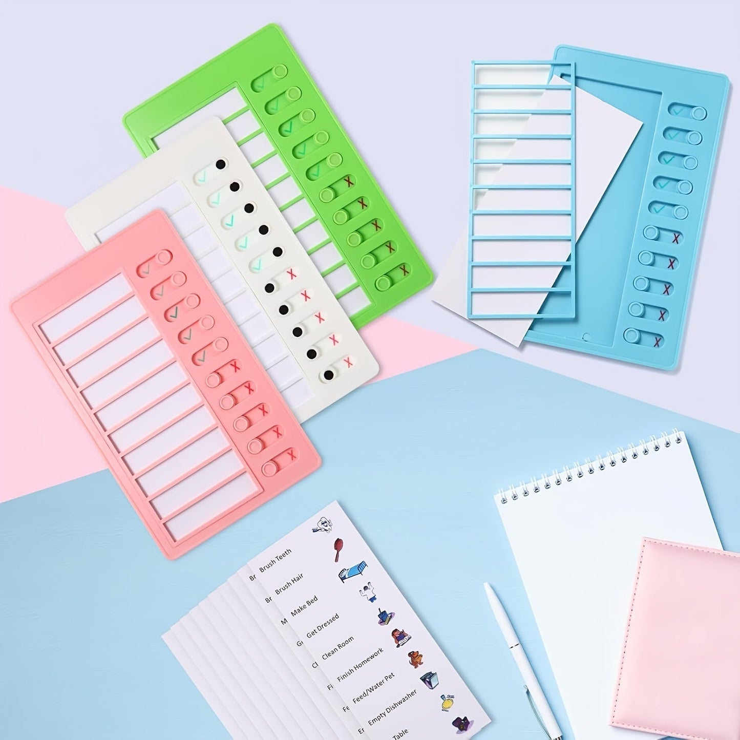 Chore Chart 4 Pack – Plastic Checklist Task Boards with 10 Detachable Cardstock To-Do Lists for Home Routine Planning, Kids Chores, Family Schedule & Daily Task Tracking