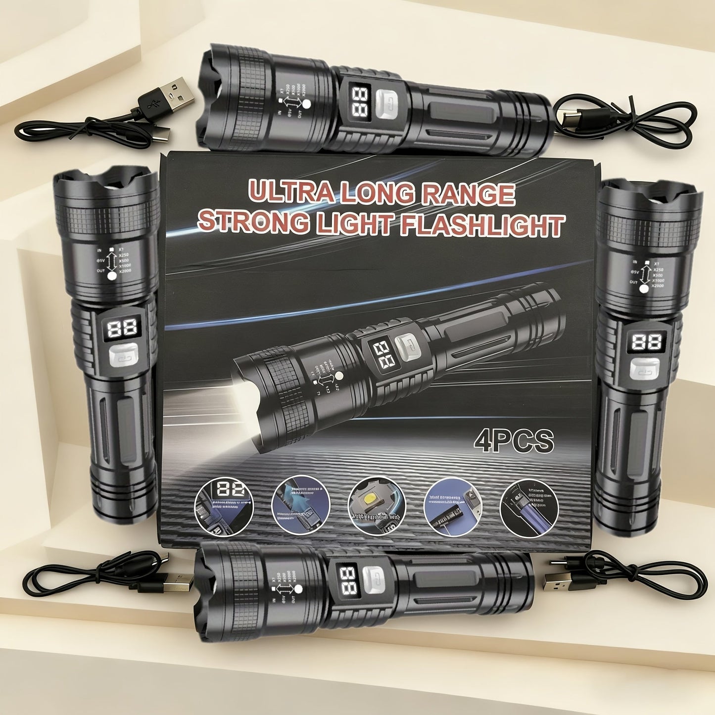 Rechargeable LED Flashlight 4-Pack - Super Bright Zoomable Spotlight, USB Charging, Long Range Tactical Work Light for Camping, Hiking, Emergency & Outdoor Survival, High-Power LED Torch Set