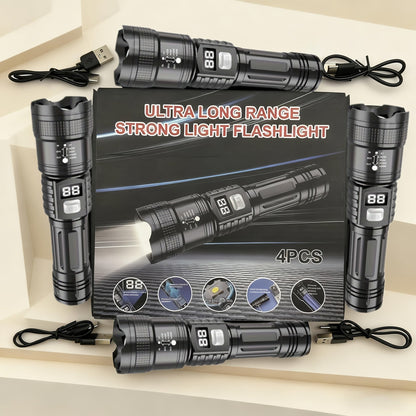 Rechargeable LED Flashlight 4-Pack - Super Bright Zoomable Spotlight, USB Charging, Long Range Tactical Work Light for Camping, Hiking, Emergency & Outdoor Survival, High-Power LED Torch Set