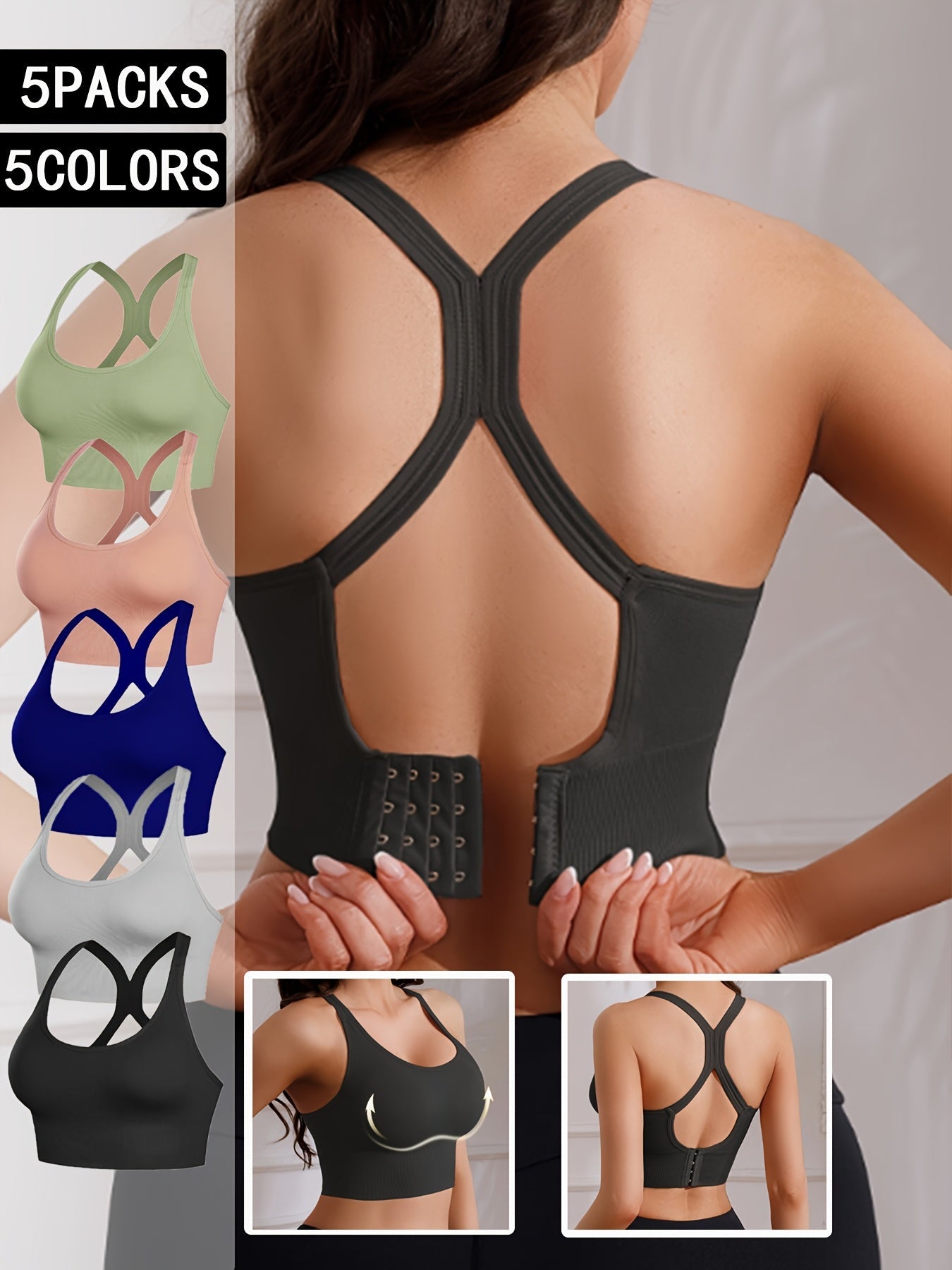 Women's X-Back Sports Bra 5-Pack – Wire-Free with Removable Pads, Breathable Workout Top for Yoga, Gym & Outdoor Activities, Adjustable Straps, Sizes M-XXL, 10 Colors Available