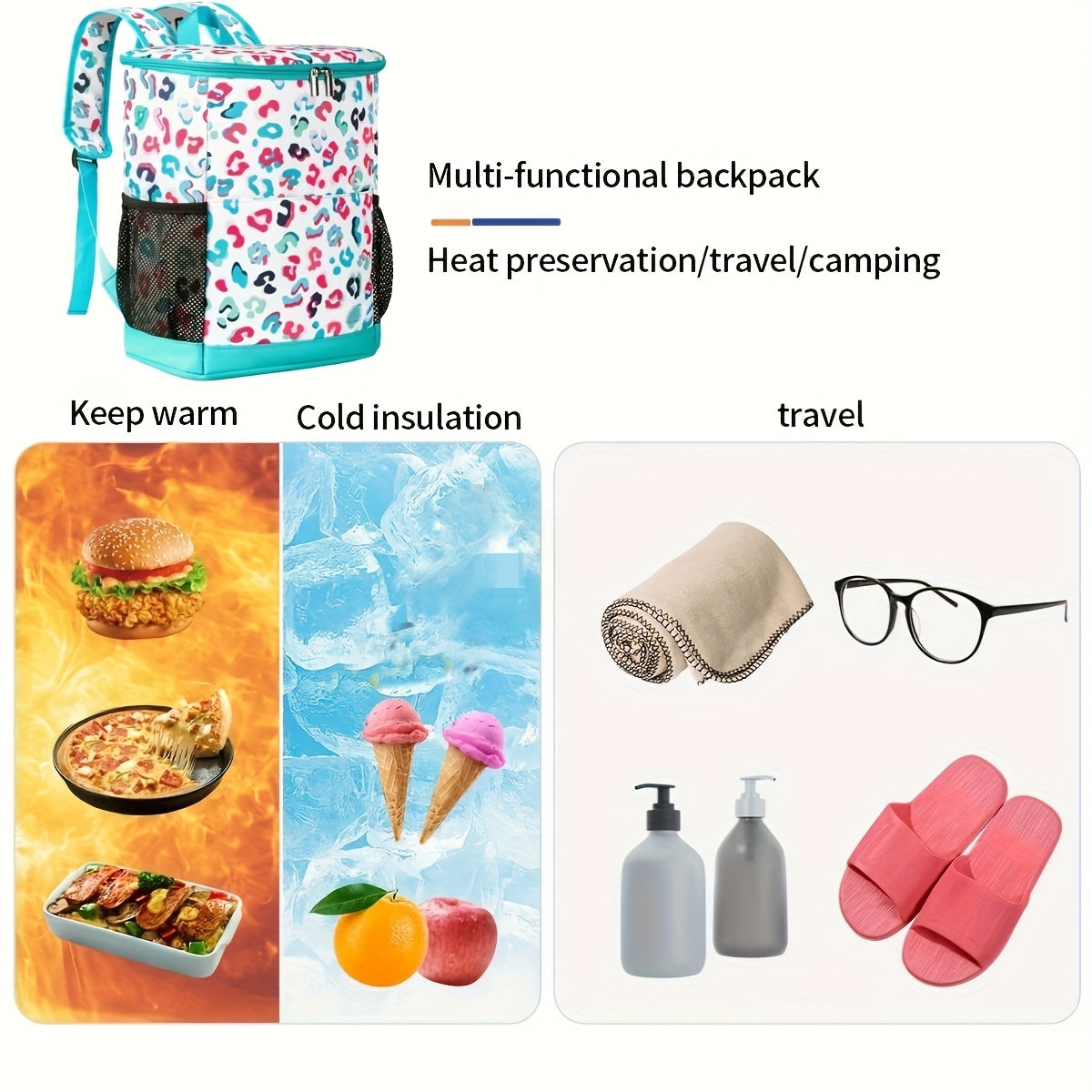 Insulated Cooler Backpack 30 Can Leopard Print with Mesh Pockets & Adjustable Straps - Leakproof Nylon Cooler Bag for Beach Camping Picnic Hiking Travel Daily Use