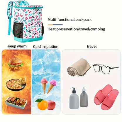 Insulated Cooler Backpack 30 Can Leopard Print with Mesh Pockets & Adjustable Straps - Leakproof Nylon Cooler Bag for Beach Camping Picnic Hiking Travel Daily Use