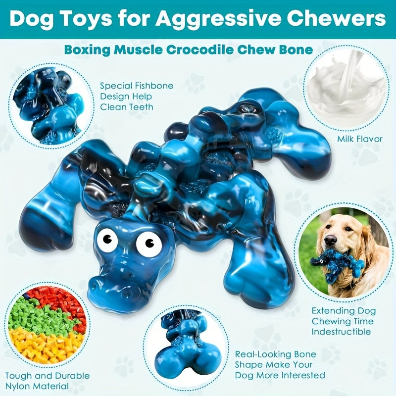 Indestructible Crocodile Dog Chew Toy – Durable Nylon & Rubber Squeaky Chew for Aggressive Chewers 20-100 lbs, Milk Flavor, Teeth Cleaning Bumpy Texture, for Large Medium & Small Dogs