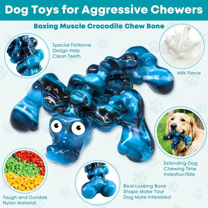 Indestructible Crocodile Dog Chew Toy – Durable Nylon & Rubber Squeaky Chew for Aggressive Chewers 20-100 lbs, Milk Flavor, Teeth Cleaning Bumpy Texture, for Large Medium & Small Dogs