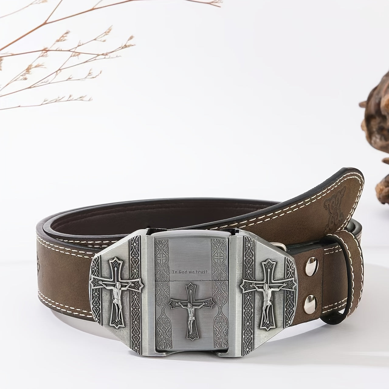 Retro Western Cowboy Belt with Detachable Lighter – Embossed Printed Novelty Accessory Belt in Skull, Eagle, Cross & Native American Designs, Unique Gift for Men for Christmas, Thanksgiving & Valentine's Day