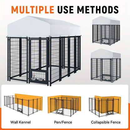 Large Dog Enclosure Outdoor Heavy Duty Welded Wire Steel Dog Playpen with UV-Resistant Roof Cover, Secure Lock Pet Pen Fence for Big Dogs Outside Exercise Play Area