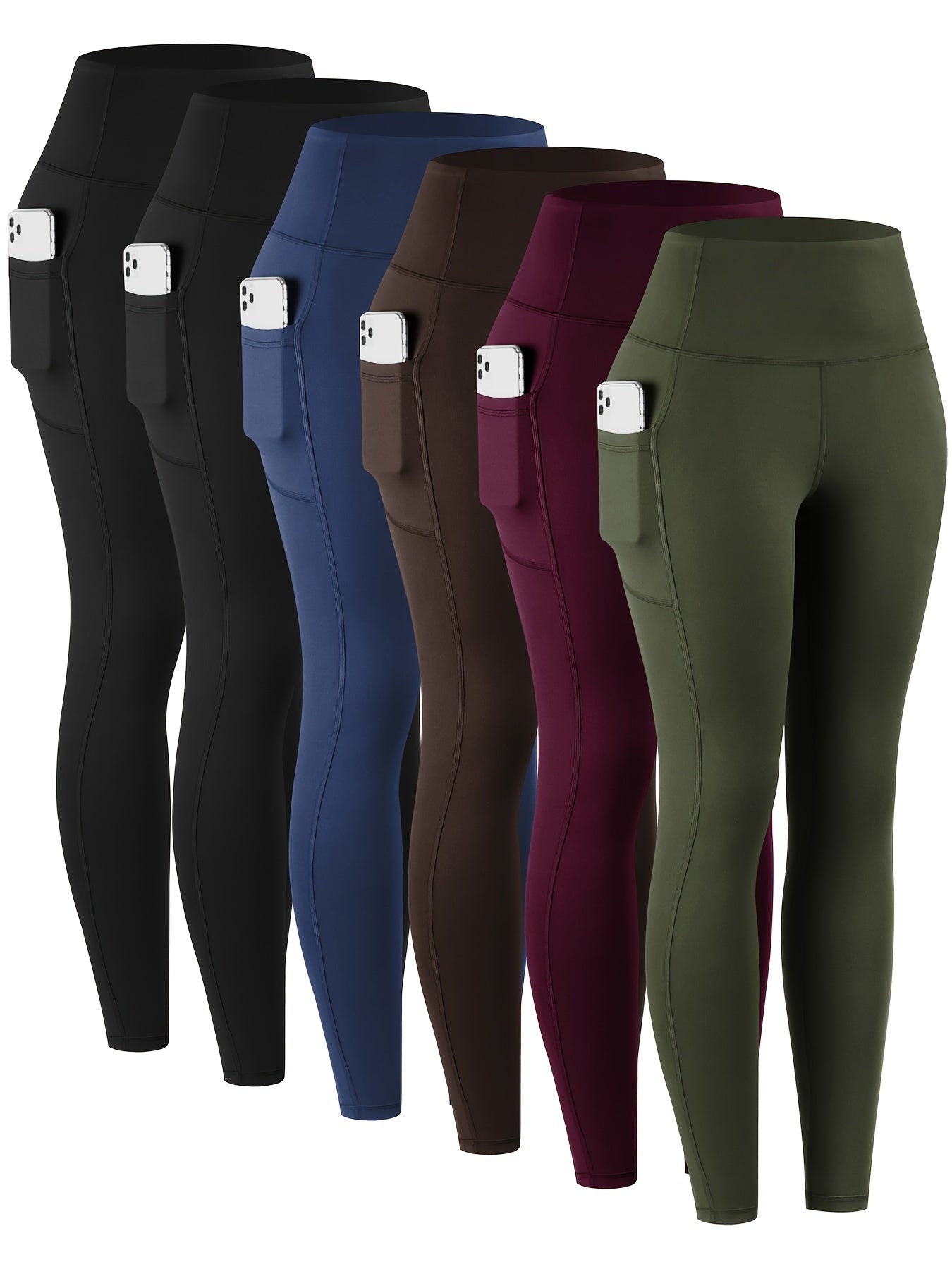 6 Pack Women's High Waist Leggings with Pockets Buttery Soft Tummy Control Yoga Pants Multicolor Sets S-XXL Activewear