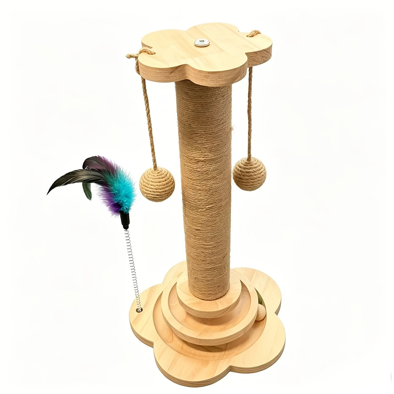 Multi-Level Cat Scratching Post Premium Sisal with 6 Wooden Toy Balls 2 Hanging Balls 2 Feather Teaser Toys Non-Slip Base Interactive Cat Tree for Indoor Cats Kittens