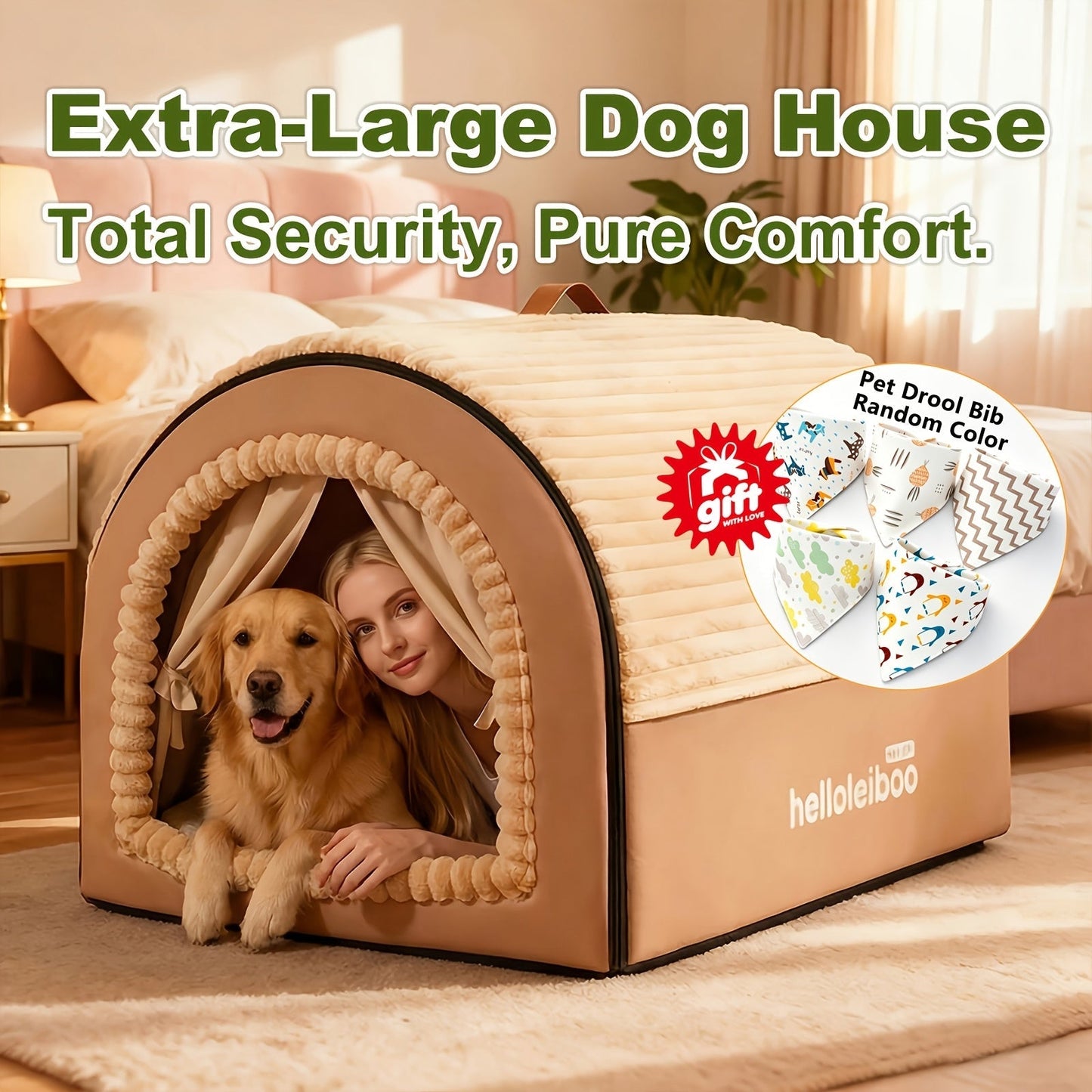 Foldable Dog Bed Cave 2-in-1 All Season – Fully Enclosed Covered Pet House with Handle, Soft Fluffy Non-Slip Washable Nest for Large, Medium & Small Dogs and Cats – Free Drool Bib – Velora