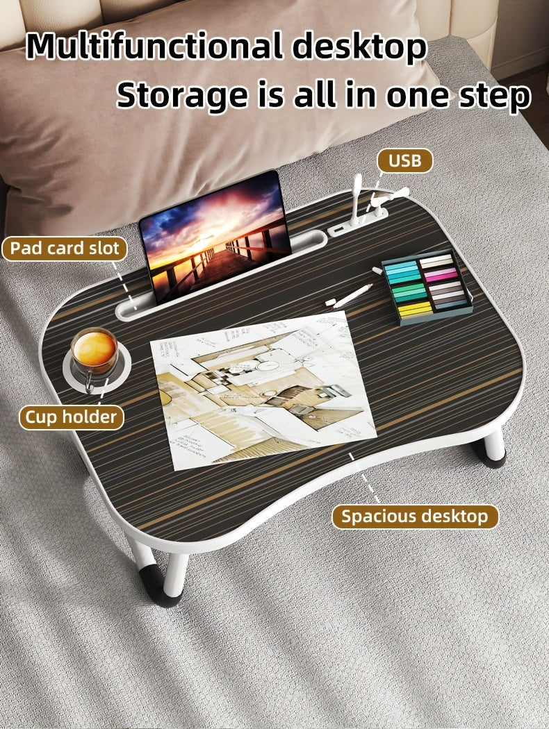 Foldable Laptop Desk Portable Bed Desk with Cup Holder and Tablet Slot Fiberboard Lap Desk for Work Study Drawing and Dining in Bed Sofa Floor Available in Black and Walnut