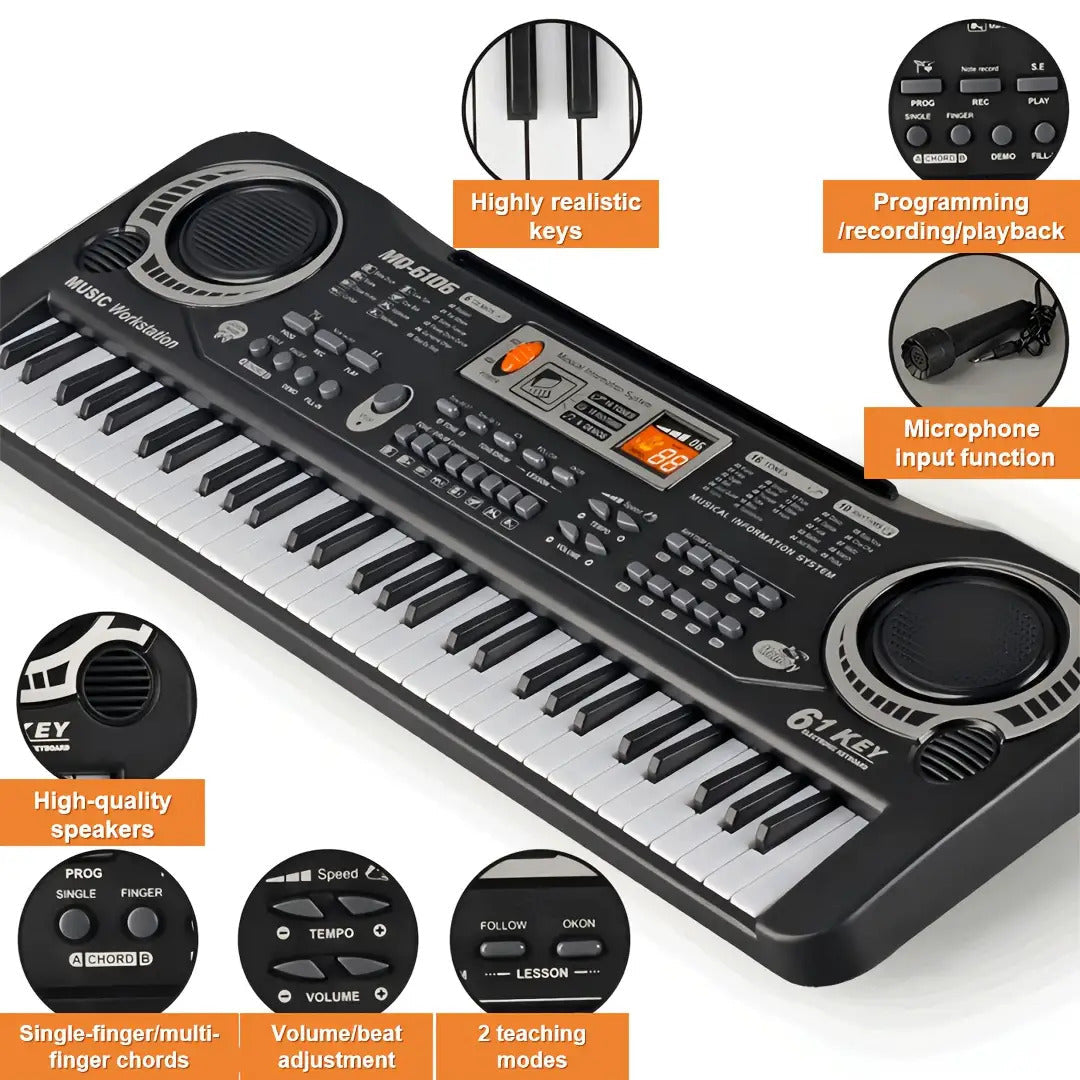 61-Key Electronic Piano Keyboard for Beginners - Built-In Microphone, Printed Music Sheets & USB Power, Complete Starter Kit for Kids & Adults, Perfect Birthday Gift for Music Lovers