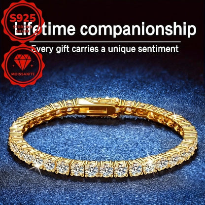 S925 Sterling Silver Moissanite Tennis Bracelet for Women – 4mm Bright Cut Gold Finish, Elegant French Style, Hypoallergenic, Sizes 6–9in, Perfect Wedding & Birthday Gift (7.71g)
