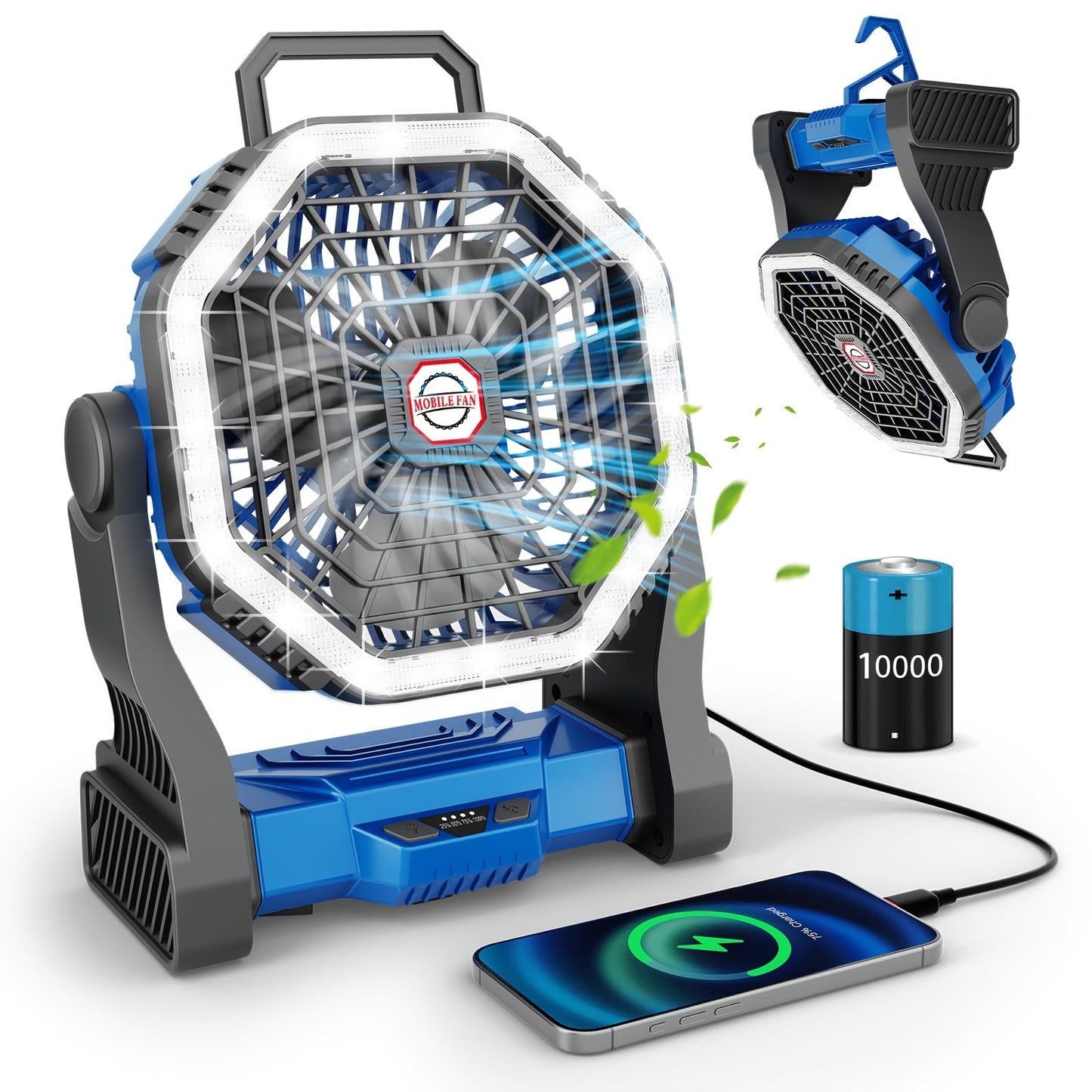 Rechargeable Portable Camping Fan with LED Light & Hanging Rope - 4-Speed USB Battery Powered Tent Fan for Outdoor Travel Indoor Home
