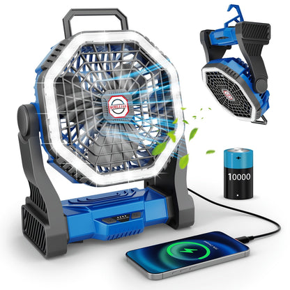 Rechargeable Portable Camping Fan with LED Light & Hanging Rope - 4-Speed USB Battery Powered Tent Fan for Outdoor Travel Indoor Home