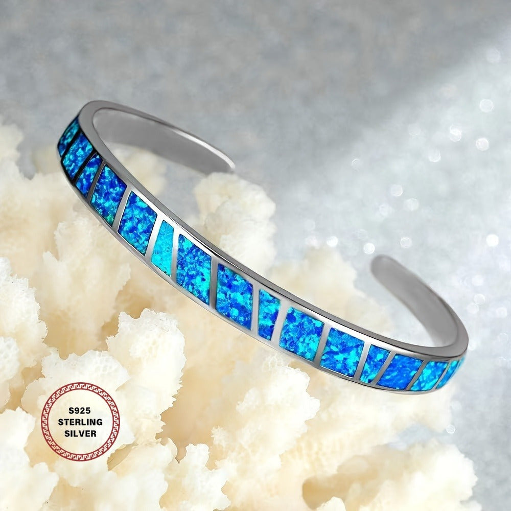 925 Silver Vintage Blue Opal Bracelet with Adjustable Chain – Elegant Women’s Jewelry for Daily Wear & Special Occasions, Classic Durable Accessory, Available in Blue, Pink & White